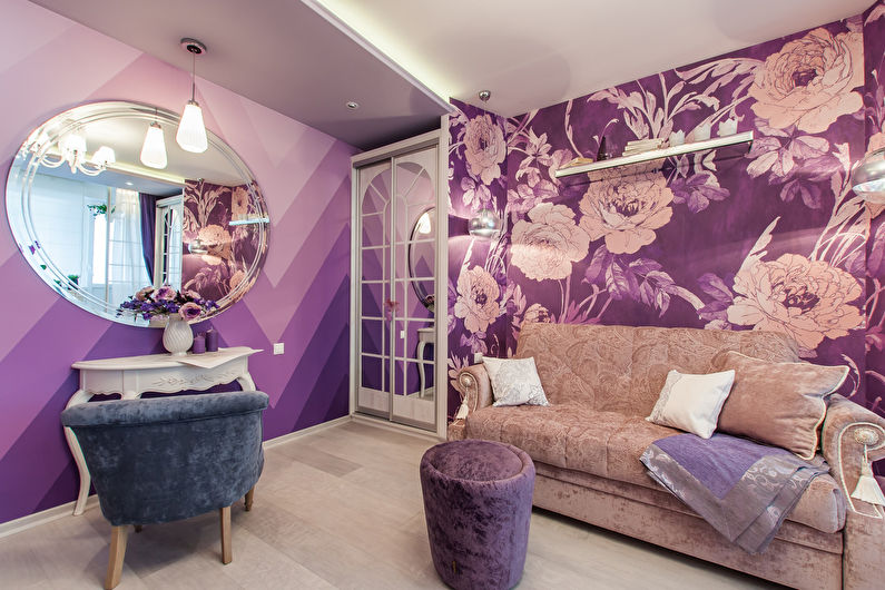 Malá obývačka v lila farbe - interiérový dizajn