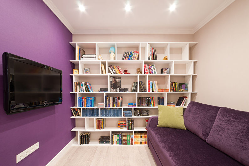 Liten stue i lilla farge - interiørdesign