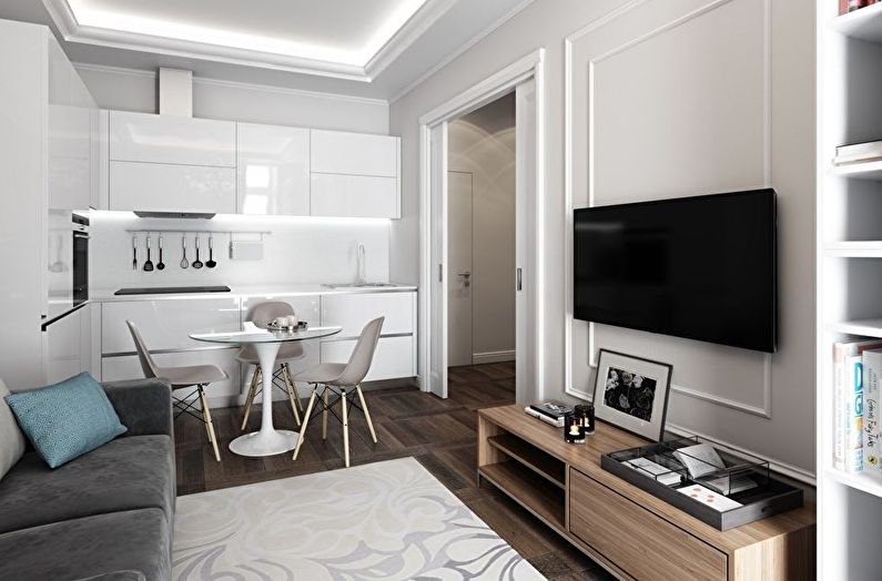 Kombinácia malej obývačky a kuchyne - interiérový dizajn
