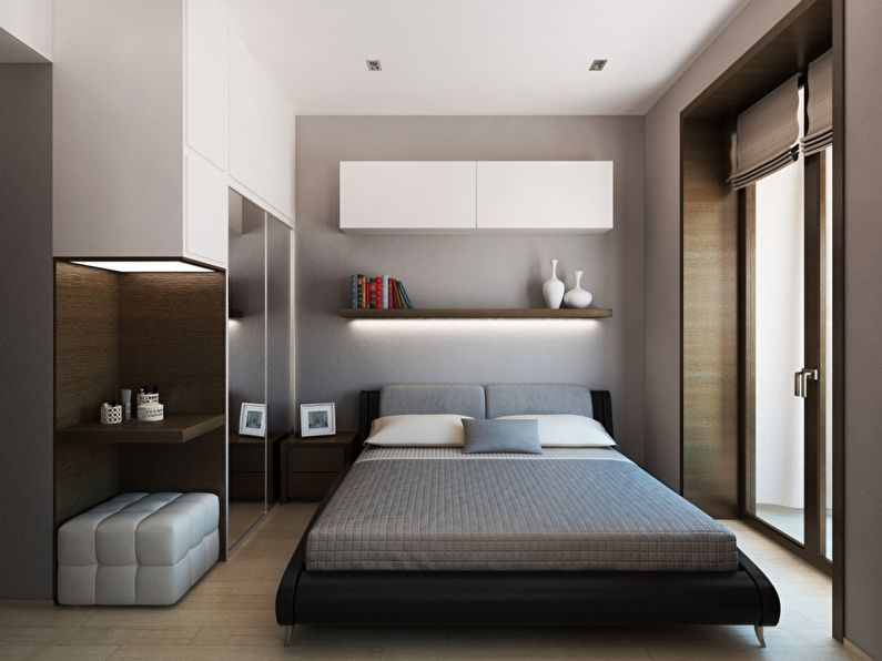 Design av ett litet sovrum i stil med minimalism - foto