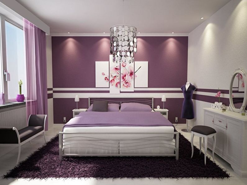 Diseño de un dormitorio pequeño en tonos morados - foto