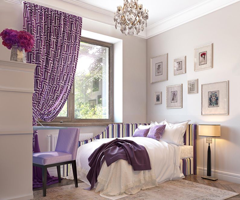 Diseño de un dormitorio pequeño en tonos morados - foto