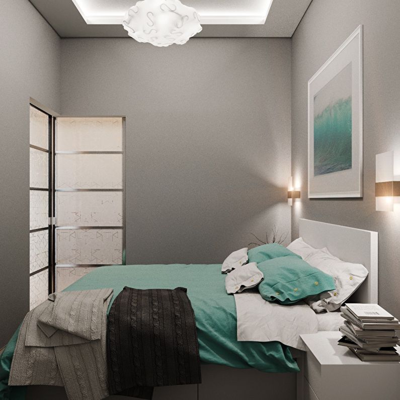 Diseño de un dormitorio pequeño en tonos grises - foto