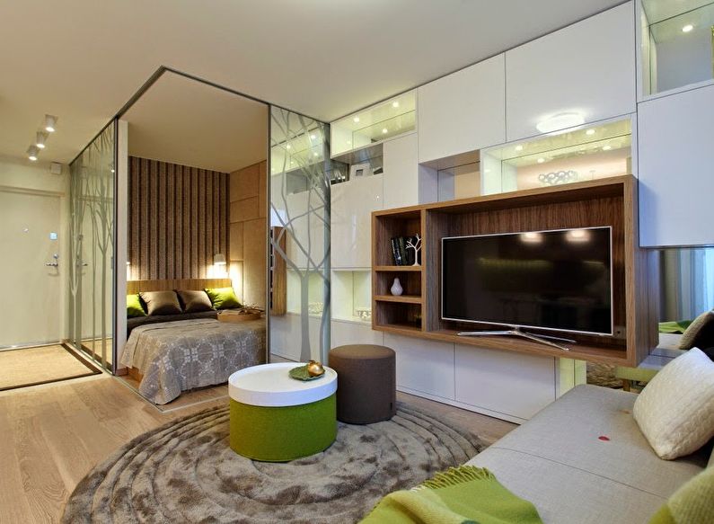 Kombinera ett litet sovrum med ett vardagsrum - fotodesign