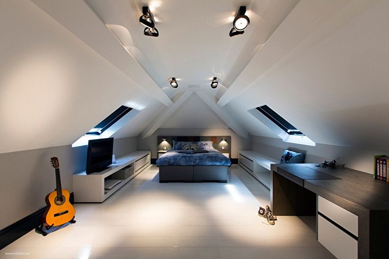 Interiérový dizajn spálne v podkroví - foto