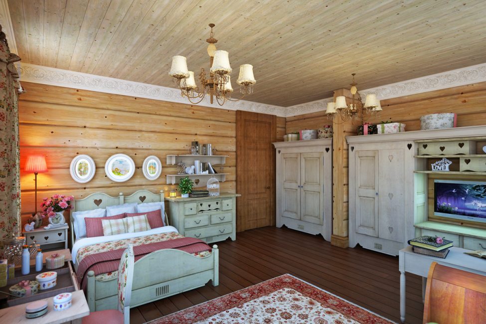 Mucha madera y textiles en el interior del dormitorio.