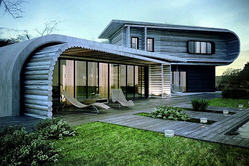 Moderne prosjekter av hus fra et tømmerhus - Hus fra en avrundet tømmer i en moderne stil