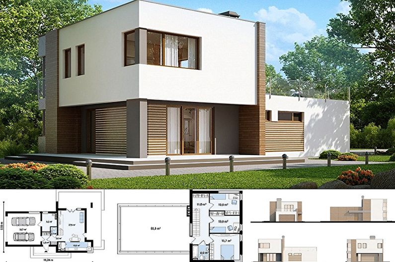 Proiecte moderne de casă de înaltă tehnologie - Cabană cu două etaje, cu garaj