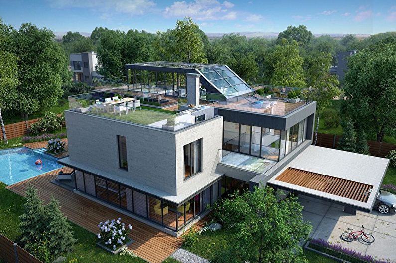 Sodobni projekti visokotehnoloških hiš-Hiša visoke tehnologije z izkoriščeno streho