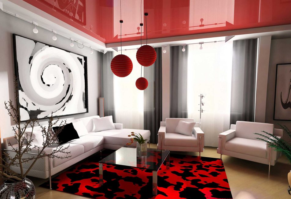 Sala de estar vermelha e branca em estilo moderno