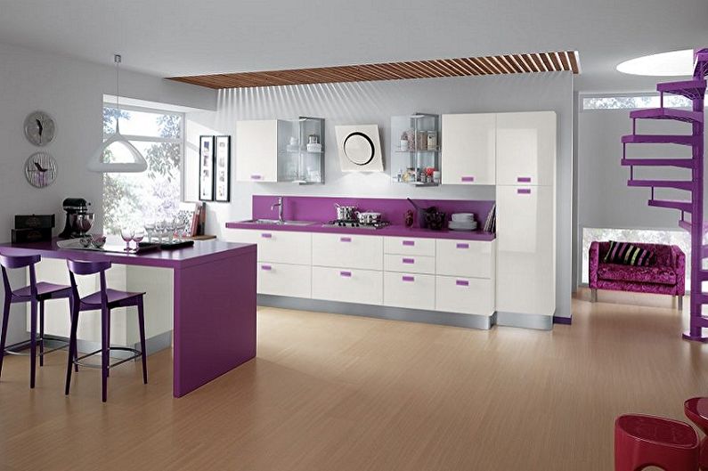 Fialová kuchyňa v škandinávskom štýle - interiérový dizajn