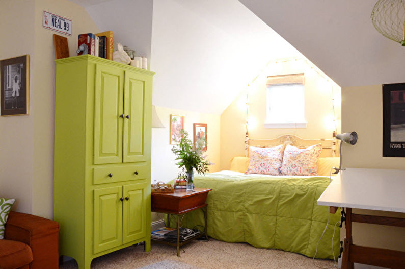 Barva pistacije v notranjosti spalnice - oblikovanje fotografij