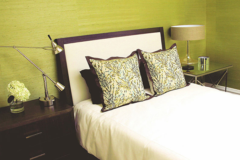 Barva pistacije v notranjosti spalnice - oblikovanje fotografij