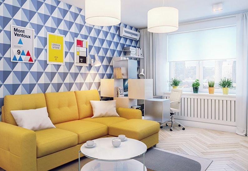 Modrá obývacia izba v Chruščov - interiérový dizajn
