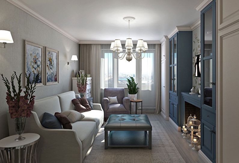 Modrá obývacia izba v Chruščov - interiérový dizajn