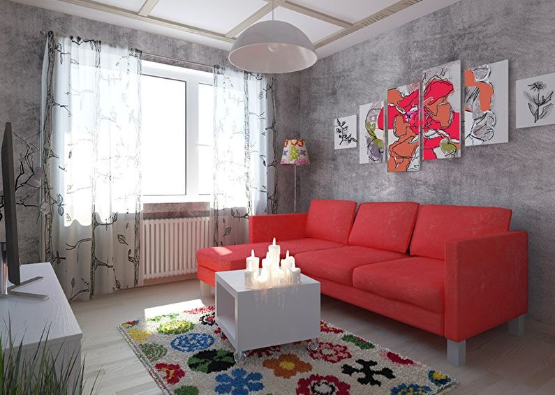 Sala de estar vermelha em Khrushchev - design de interiores