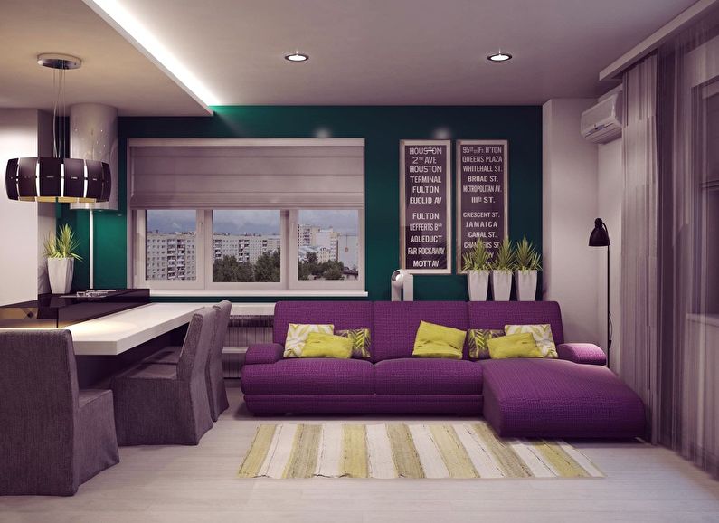 Fialová obývacia izba v Chruščove - interiérový dizajn