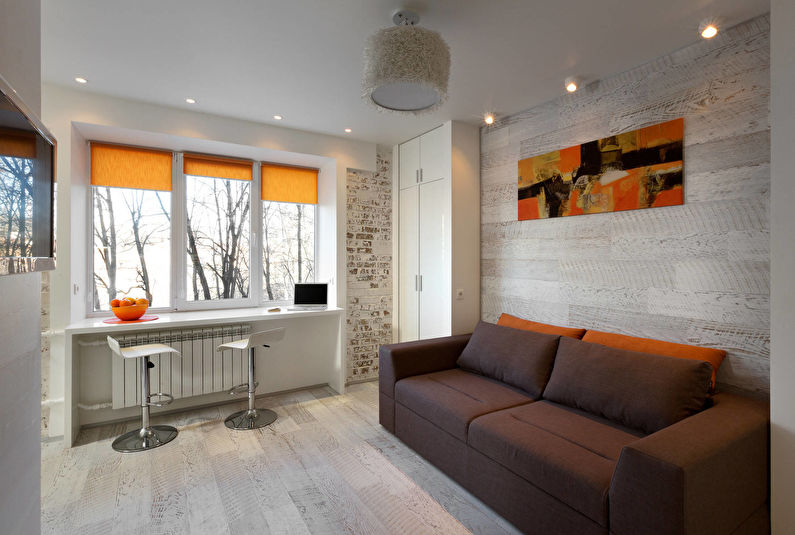 Interiérový dizajn obývačky v Chruščove - podkrovie, minimalizmus