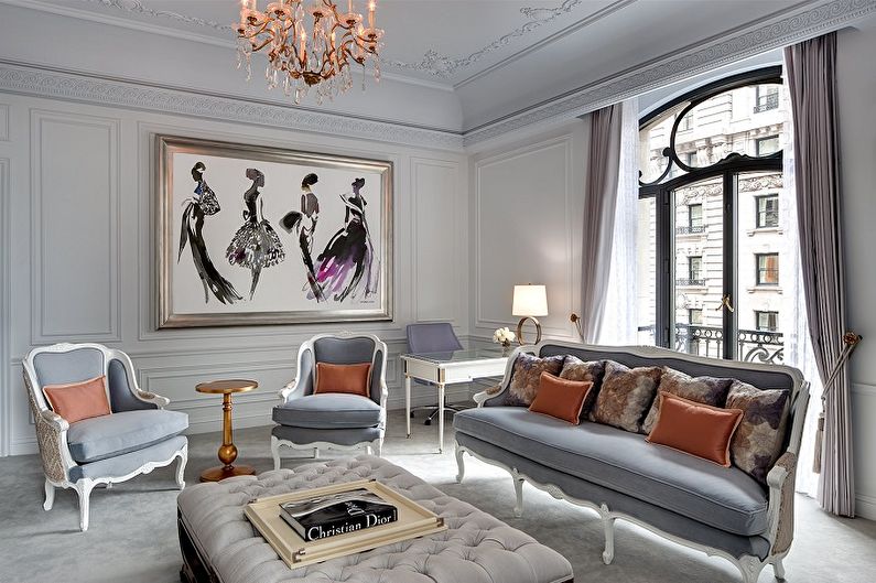 Sala de estar cinza em estilo clássico - design de interiores