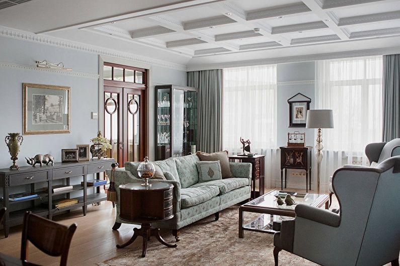 Design de sala de estar em estilo clássico - decoração e têxteis