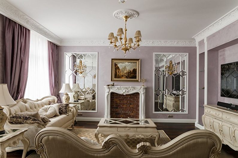 Sala de estar lilás em estilo clássico - design de interiores