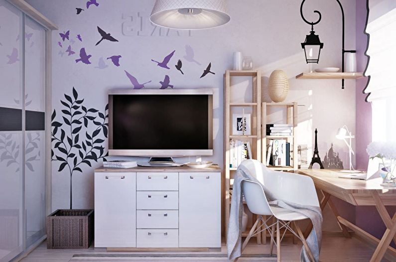 Sala de estar em estilo escandinavo lilás - Design de interiores
