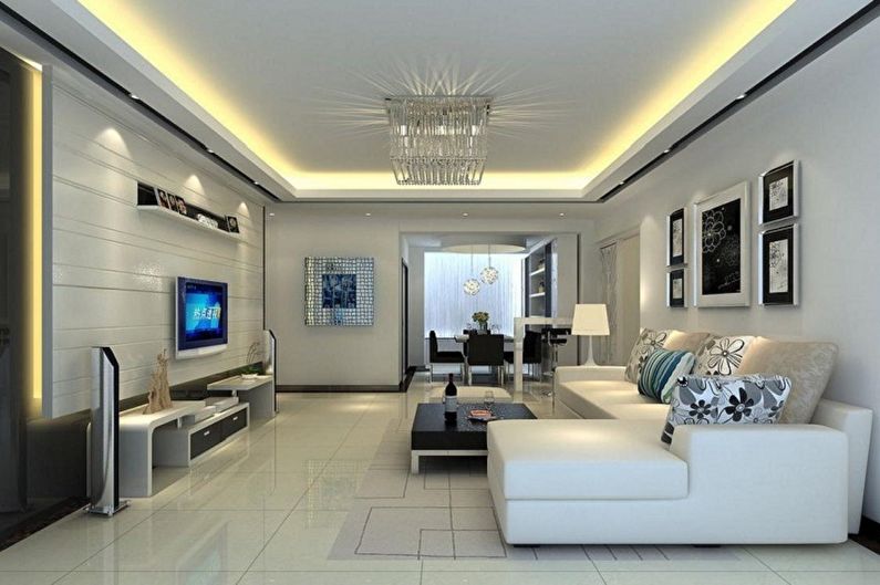 Visokotehnološka zasnova dnevne sobe - razsvetljava in dekor