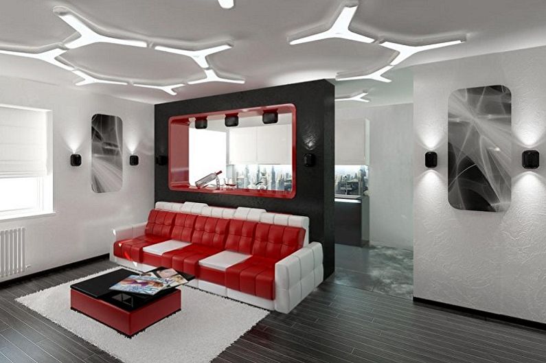 Visokotehnološka rdeča dnevna soba - notranje oblikovanje