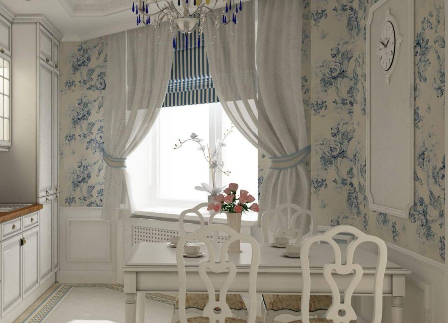 En uppsättning gardiner för köket i stil med Provence