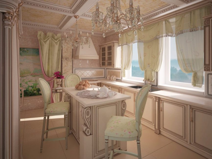 Interior da cozinha com cortinas curtas em estilo provençal