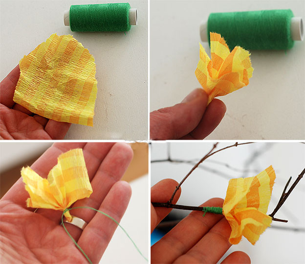 Preparando pequenas flores de papel de papelão ondulado