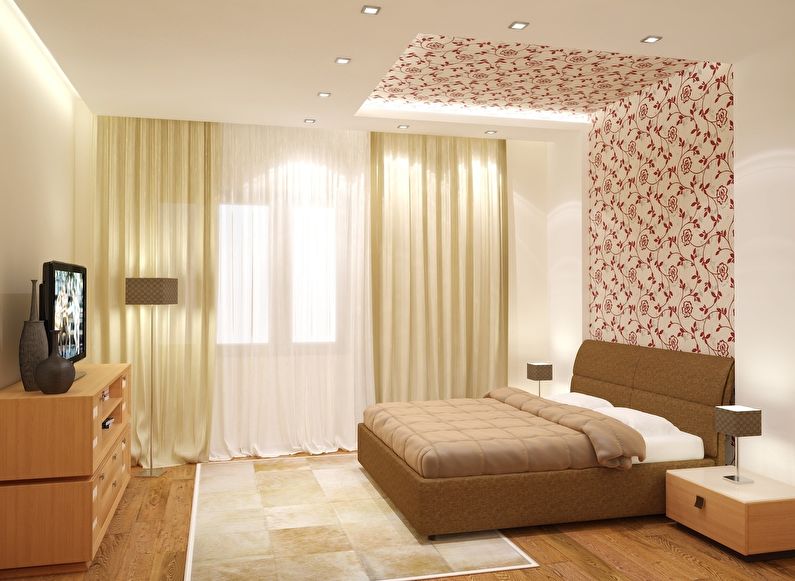 La combinación de papel tapiz en el dormitorio: paneles de pared y nichos.