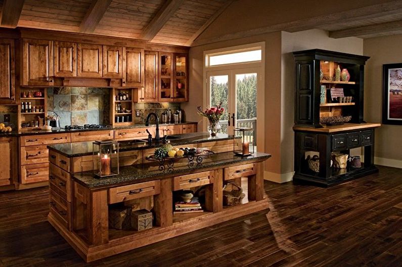 Hnedá vidiecka kuchyňa - interiérový dizajn