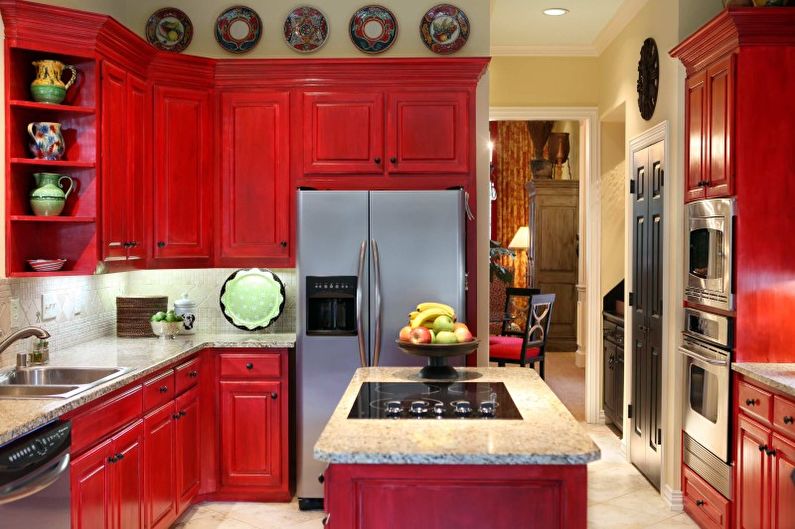 Design de cozinha vermelha - decoração e iluminação