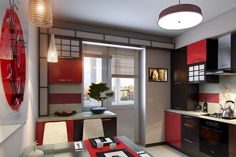 Czerwono-czarna japońska minimalistyczna kuchnia - projektowanie wnętrz
