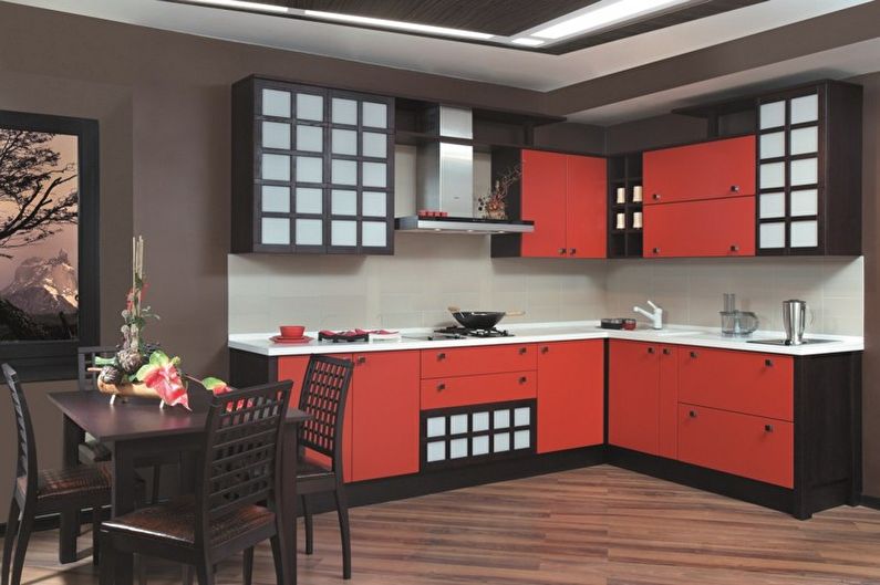 Rött och svart japanskt minimalistiskt kök - inredning