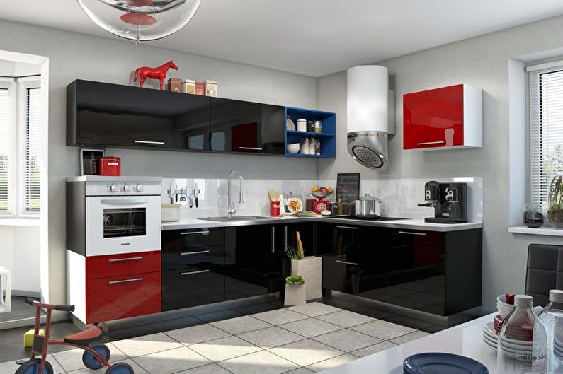 Rødt og svart kjøkkendesign - gulvfinish