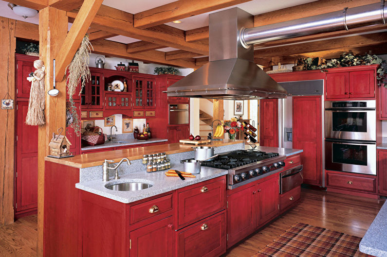 Czerwono-czarna kuchnia w stylu wiejskim - projektowanie wnętrz