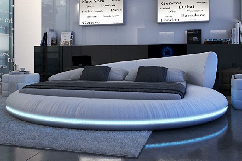 Rund säng i sovrummet i olika stilar - Techno, hi -tech