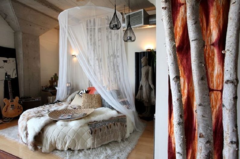 Okrogla postelja v spalnici v različnih stilih - skandinavski slog