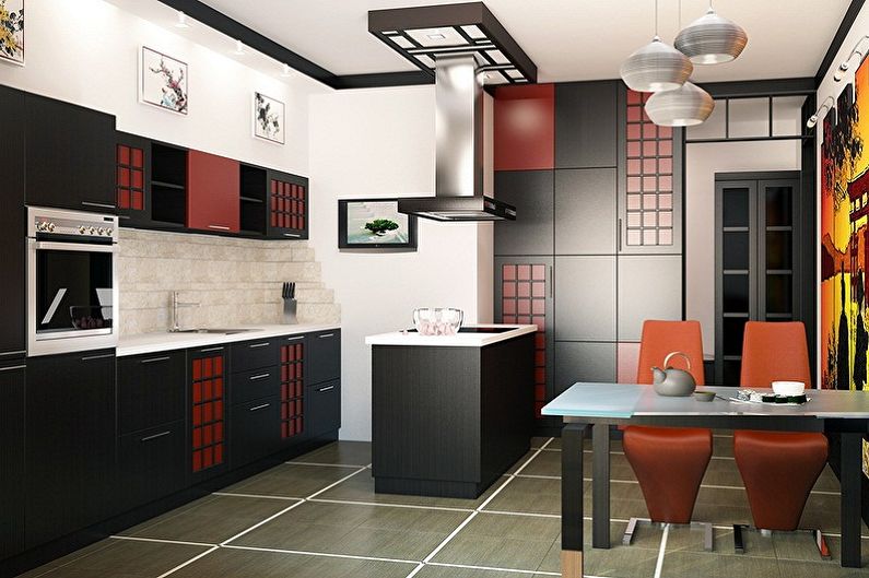 Bucătărie neagră în stil japonez - Design interior