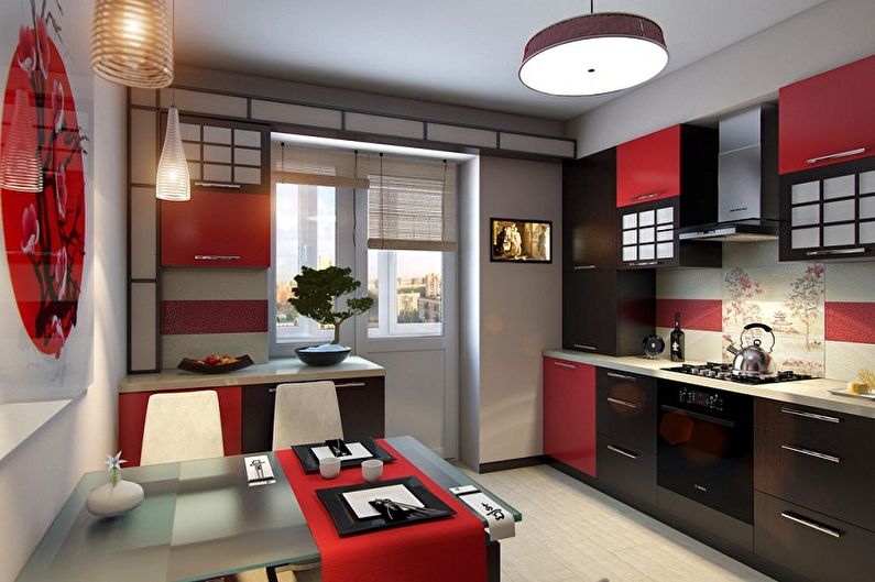 Cozinha vermelha em estilo japonês - design de interiores