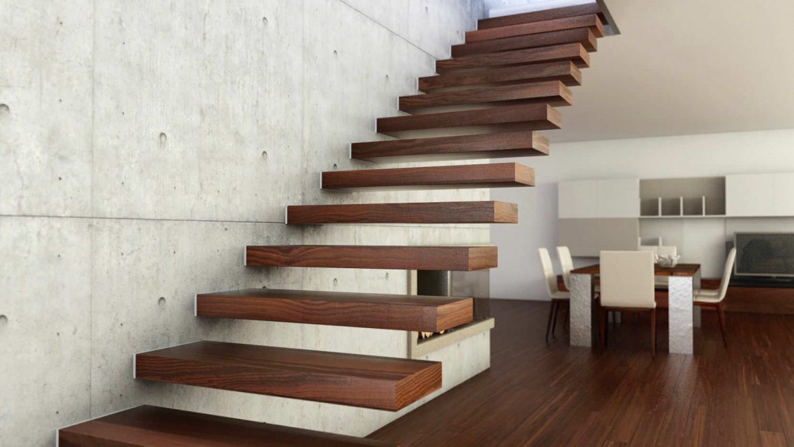 Escada cantilever com degraus de madeira