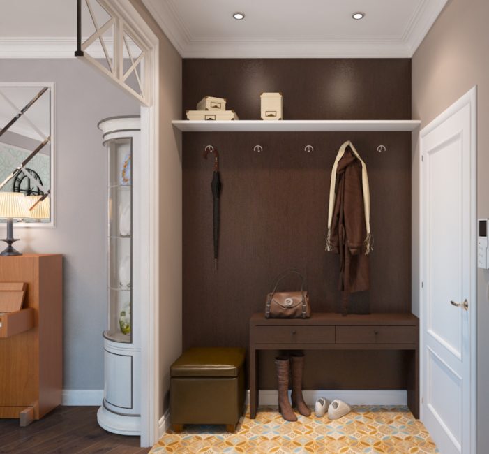 Majhen hodnik z obešalniki za oblačila na steni čokoladne barve