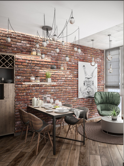 Uma área de jantar confortável no estilo minimalista equilibrou o interior do loft