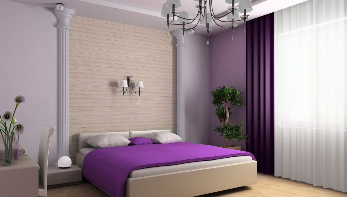 Kombinationen av gardiner och tapeter i sovrummet
