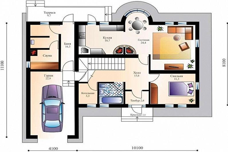 Moderne prosjekter av enetasjes hus med garasje-Etasjes hus med garasje og badstue