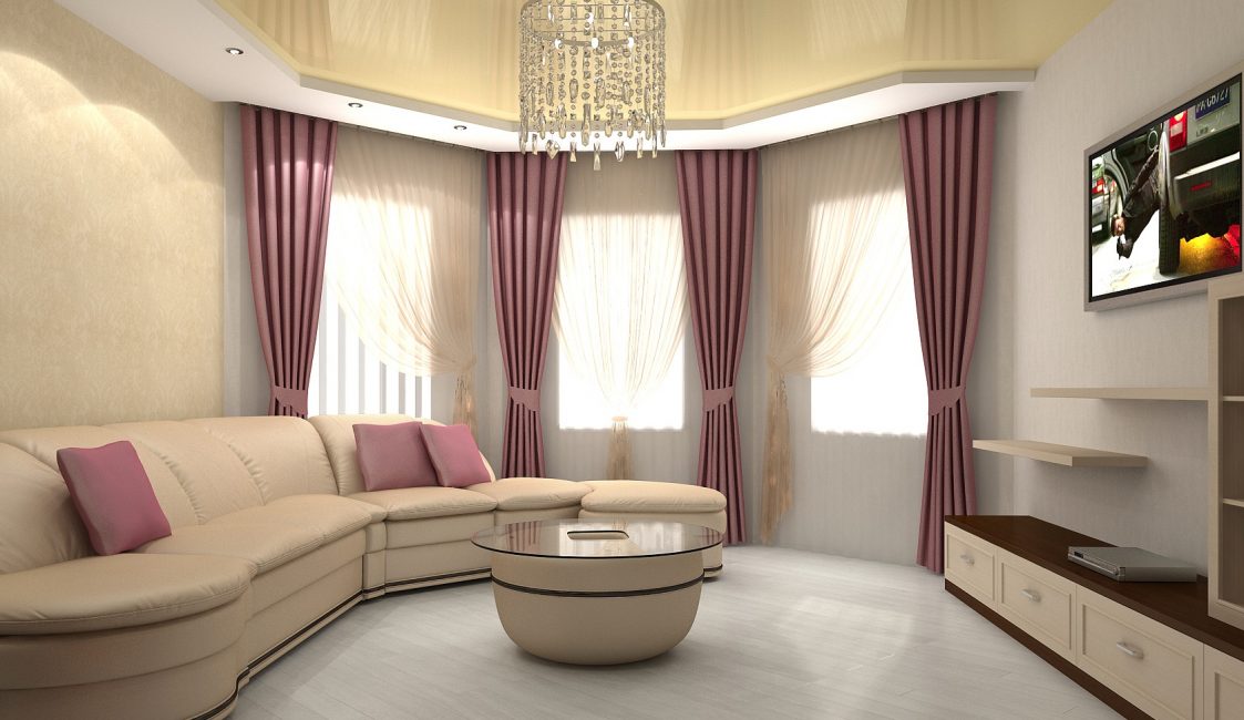 Obývacia izba s polkruhovým stenovým dizajnom