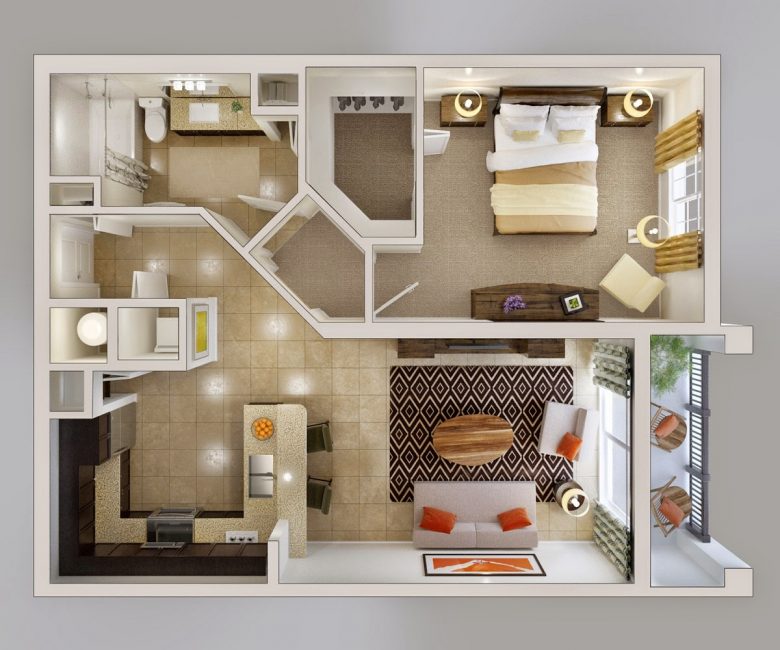 Diseño conveniente de un apartamento de 2 habitaciones.