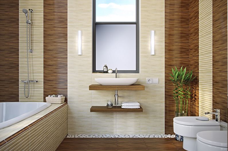 Oblikovalske ideje za plastične kopalniške plošče - imitacija lesa in dekorativnega kamna